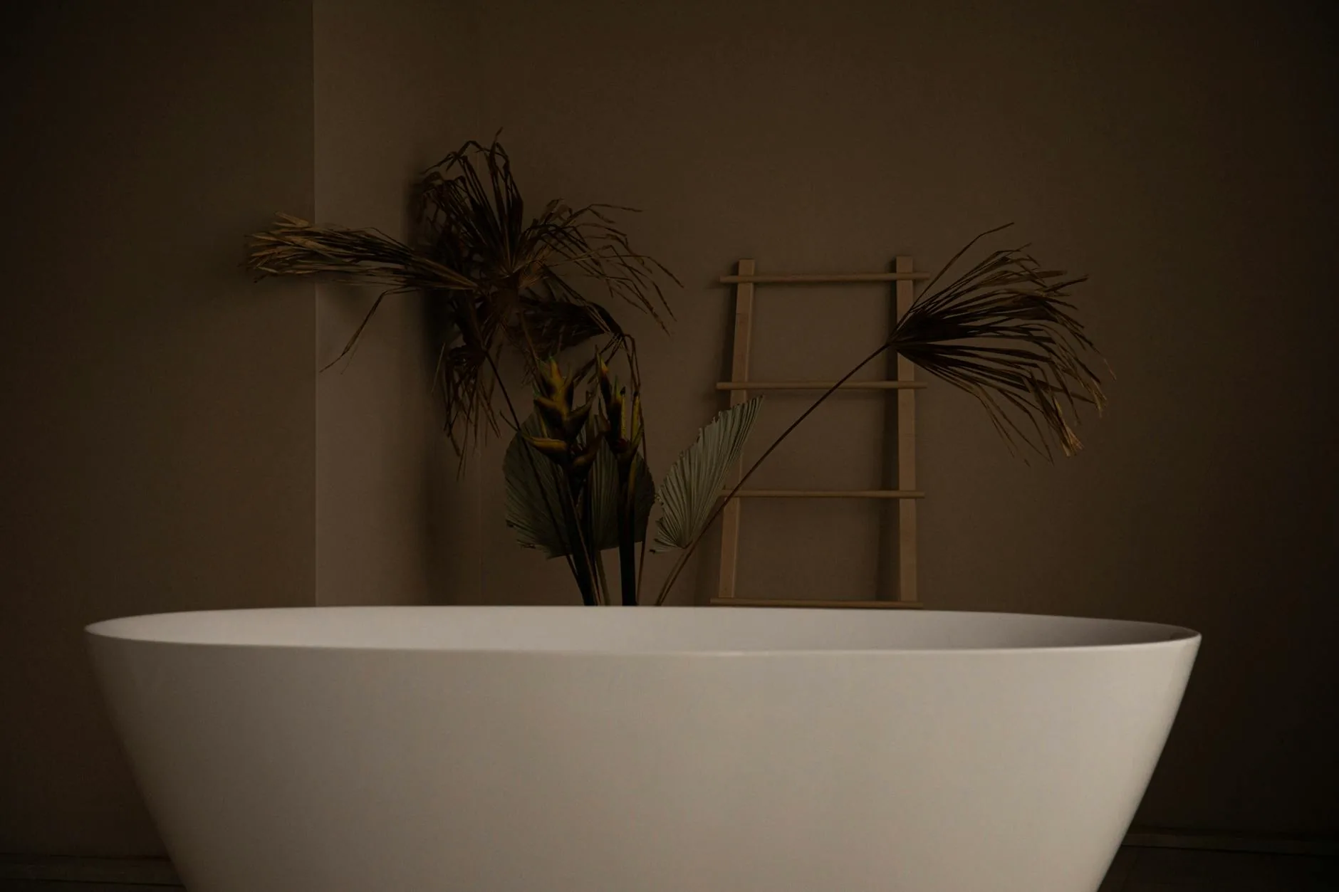 modern editorial bathroom idea: Zen-Like Simplicity with cream and warm neutrals with sage green and terracotta accents, designer-curated bathroom decor