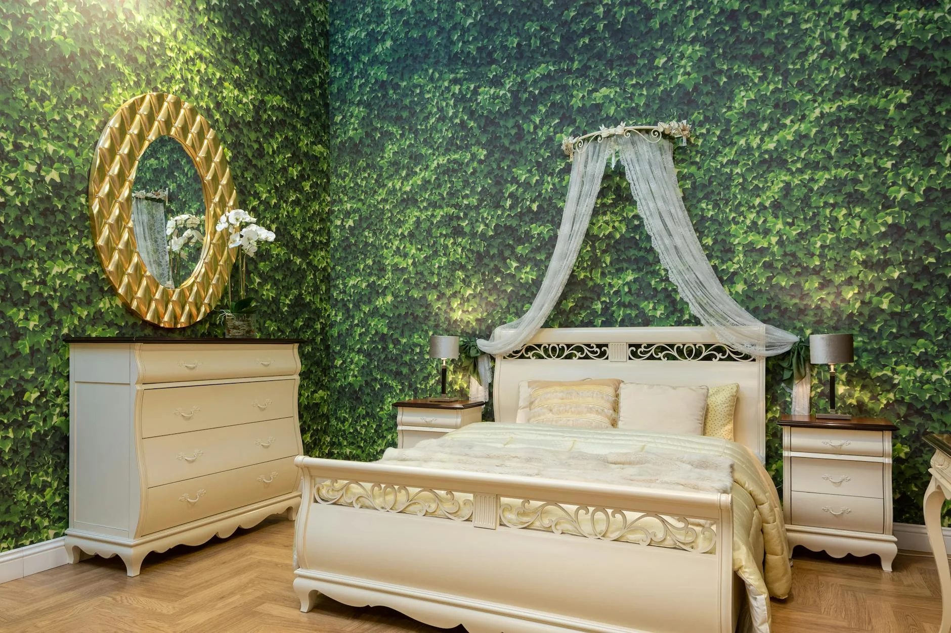 modern editorial bedroom idea: Bold Wallpaper Accents with cream and warm neutrals with sage green and terracotta accents, designer-curated modern
