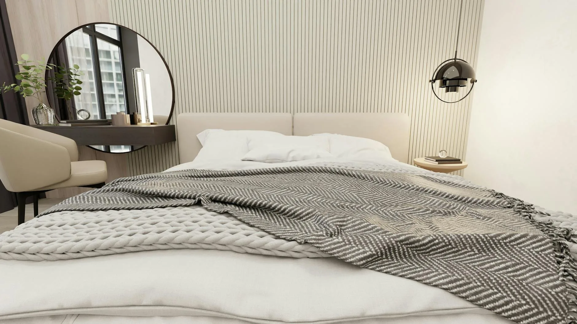 modern editorial bedroom idea: Color Drenching with cream and warm neutrals with sage green and terracotta accents, designer-curated modern bedroom