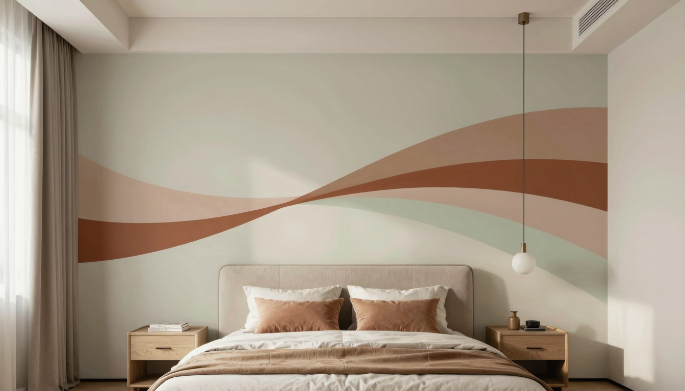 modern editorial bedroom idea: Dynamic Wall Murals with cream and warm neutrals with sage green and terracotta accents, designer-curated modern