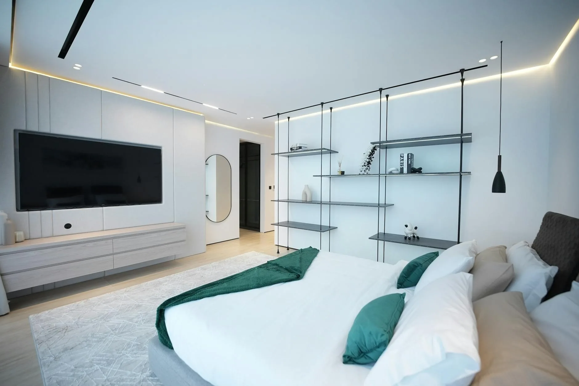 modern editorial bedroom idea: Floating Furniture with cream and warm neutrals with sage green and terracotta accents, designer-curated modern bedroom