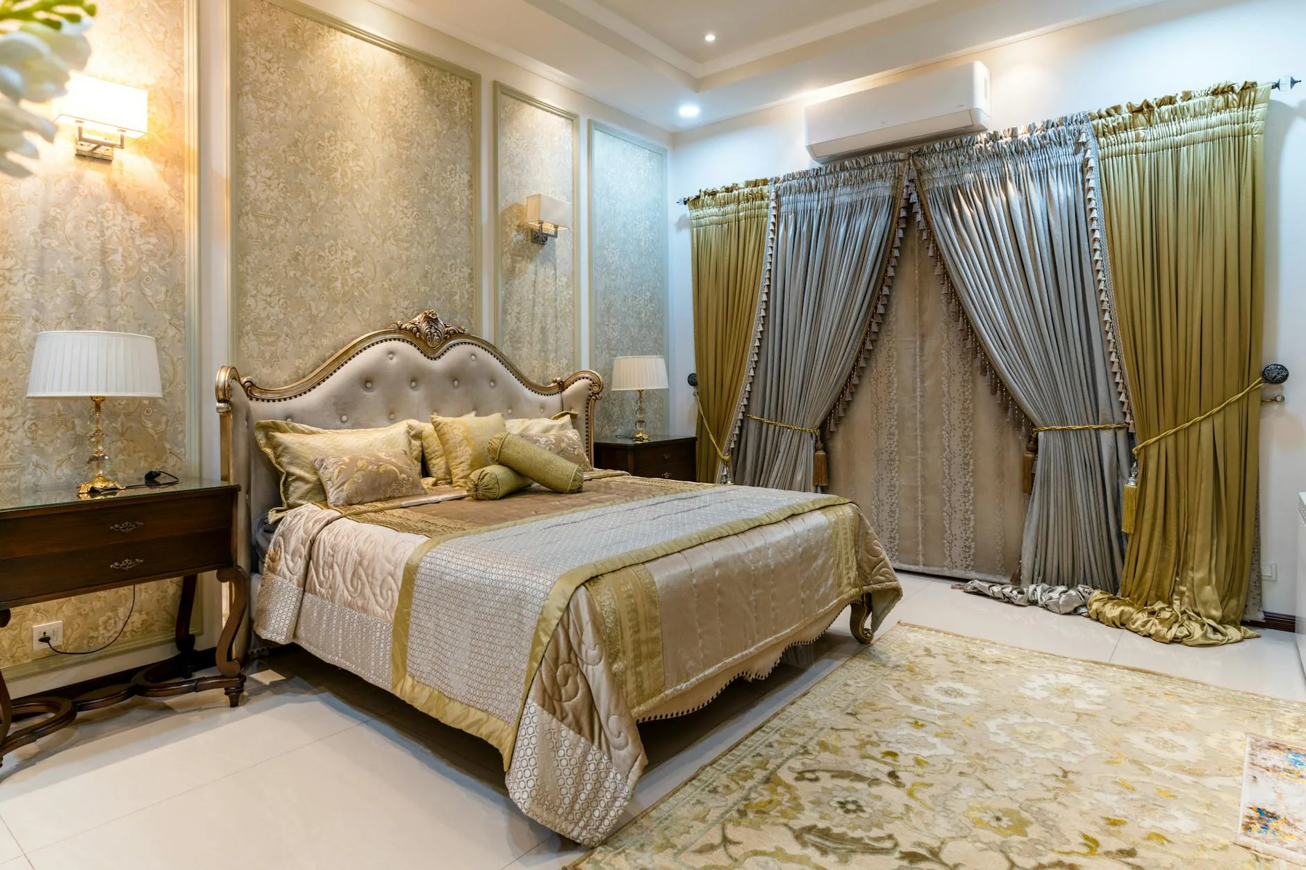 modern editorial bedroom idea: Floor-to-Ceiling Curtains with cream and warm neutrals with sage green and terracotta accents, designer-curated modern bedroom
