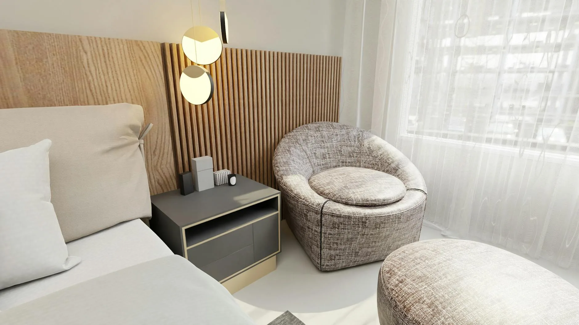 modern editorial bedroom idea: Multi-Functional Furniture with cream and warm neutrals with sage green and terracotta accents, designer-curated modern bedroom