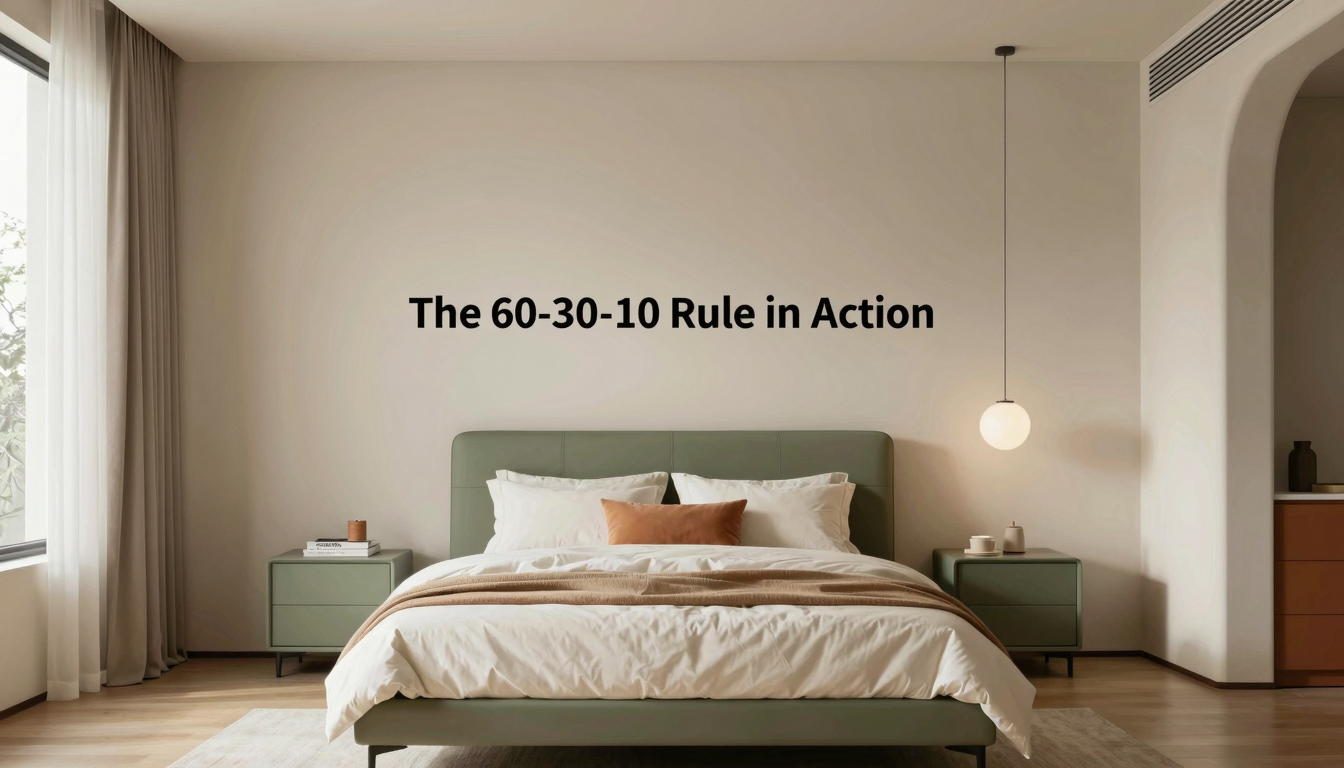 modern editorial bedroom idea: Pull-Quote: The 60-30-10 Rule in Action with cream and warm neutrals with sage green and terracotta