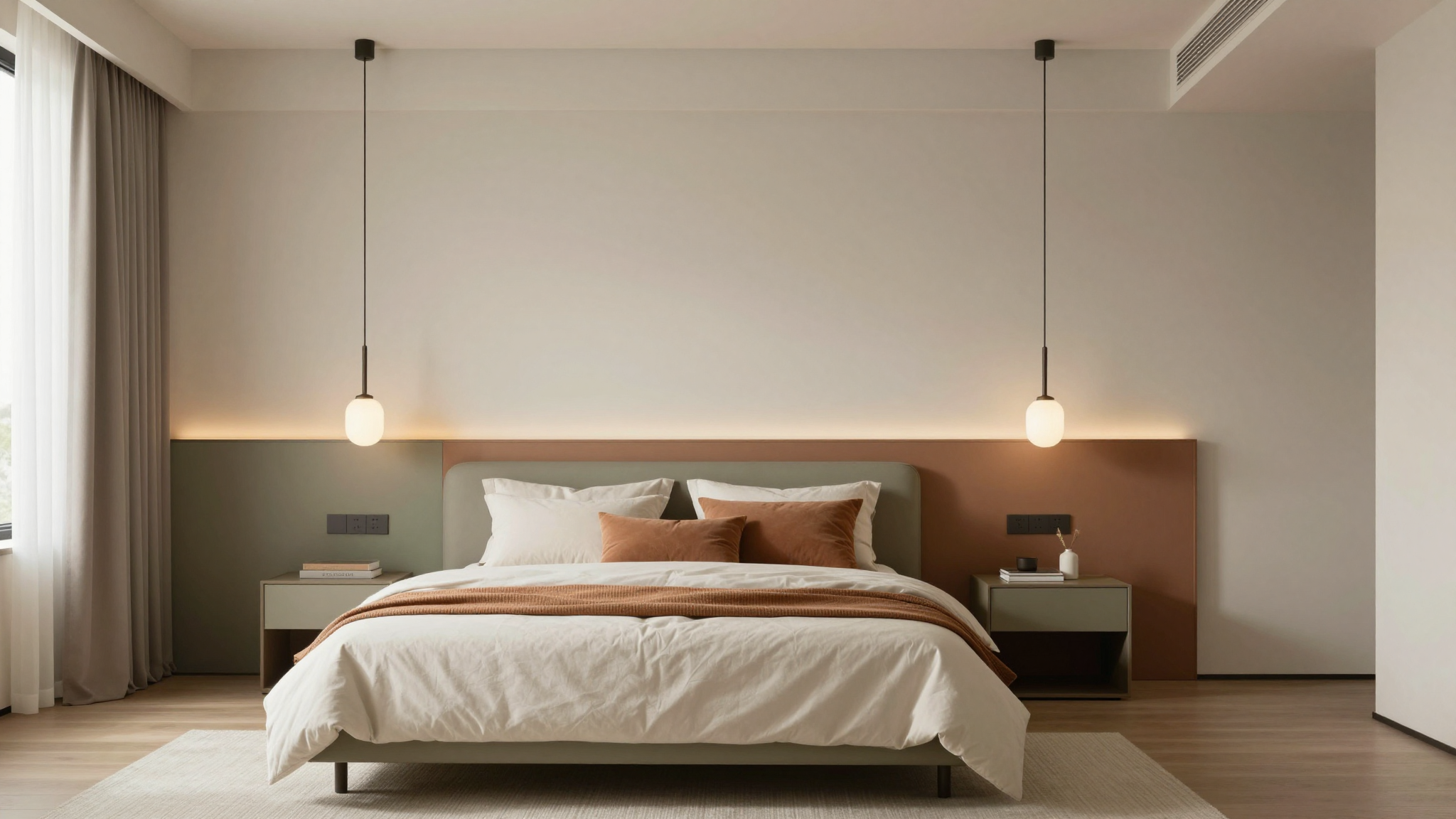 modern editorial bedroom idea: Statement Lighting Fixtures with cream and warm neutrals with sage green and terracotta accents, designer-curated modern
