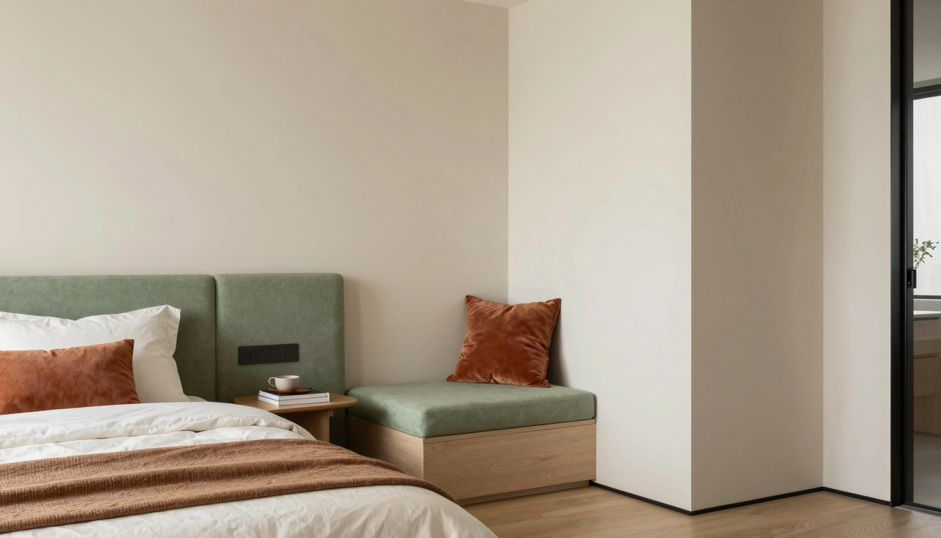 modern editorial bedroom idea: Step-by-Step: Crafting a Cozy Reading Nook with cream and warm neutrals with sage green and terracotta