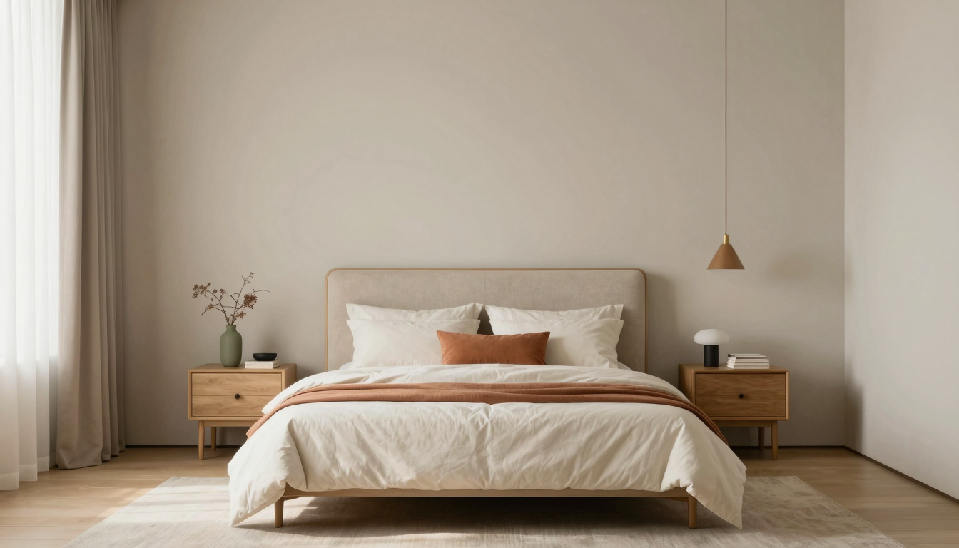 modern editorial bedroom idea: Sustainable Materials with cream and warm neutrals with sage green and terracotta accents, designer-curated modern bedroom