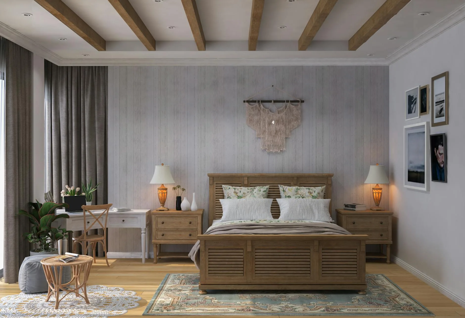 modern editorial bedroom idea: The Biophilic Retreat with cream and warm neutrals with sage green and terracotta accents, designer-curated modern