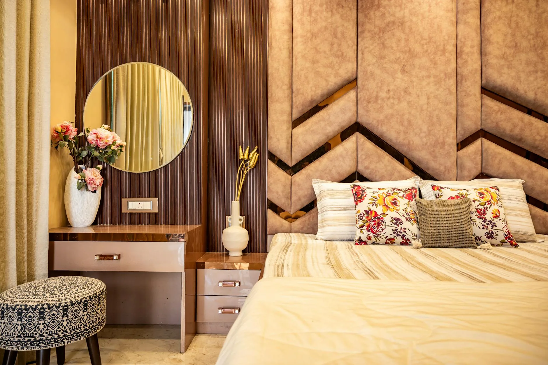 modern editorial bedroom idea: Upholstered Wall Panels with cream and warm neutrals with sage green and terracotta accents, designer-curated modern