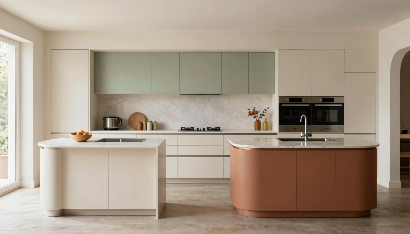 modern editorial kitchen idea: Curved Kitchen Islands with cream and warm neutrals with sage green and terracotta accents, designer-curated modern