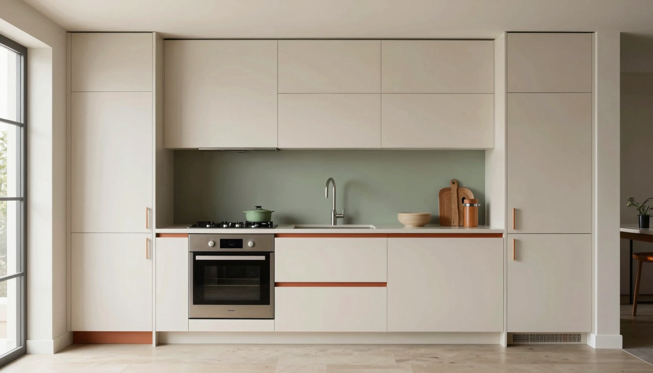 modern editorial kitchen idea: Frameless Cabinetry with cream and warm neutrals with sage green and terracotta accents, designer-curated modern kitchen