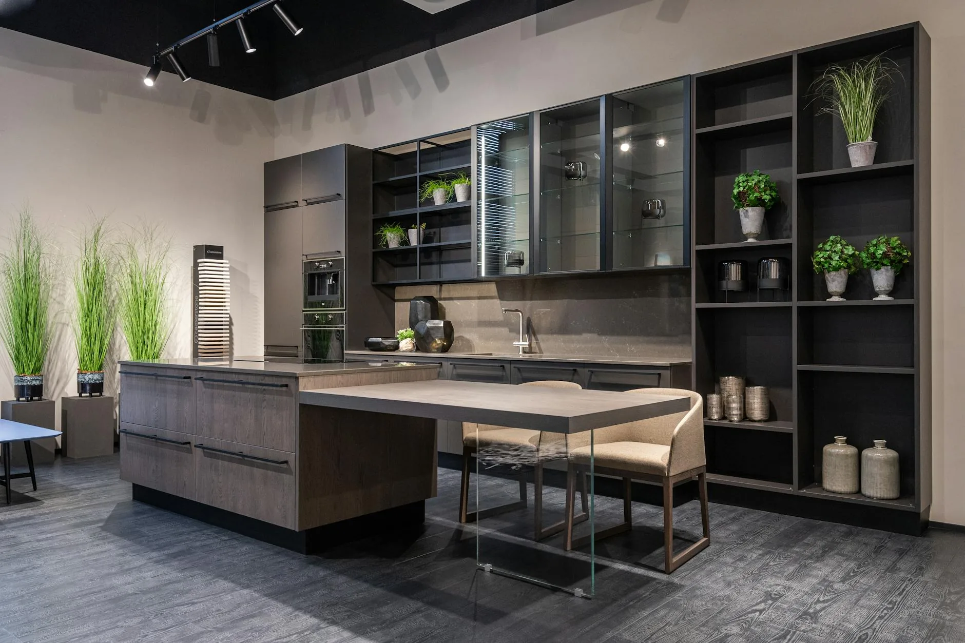 modern editorial kitchen idea: Open Shelving Elegance with cream and warm neutrals with sage green and terracotta accents, designer-curated modern