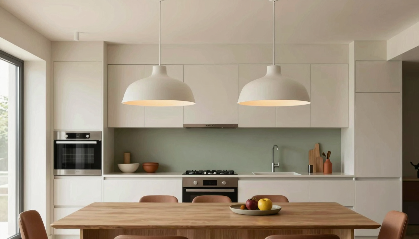 modern editorial kitchen idea: Pull Quote: Oversized Pendant Lighting with cream and warm neutrals with sage green and terracotta accents,