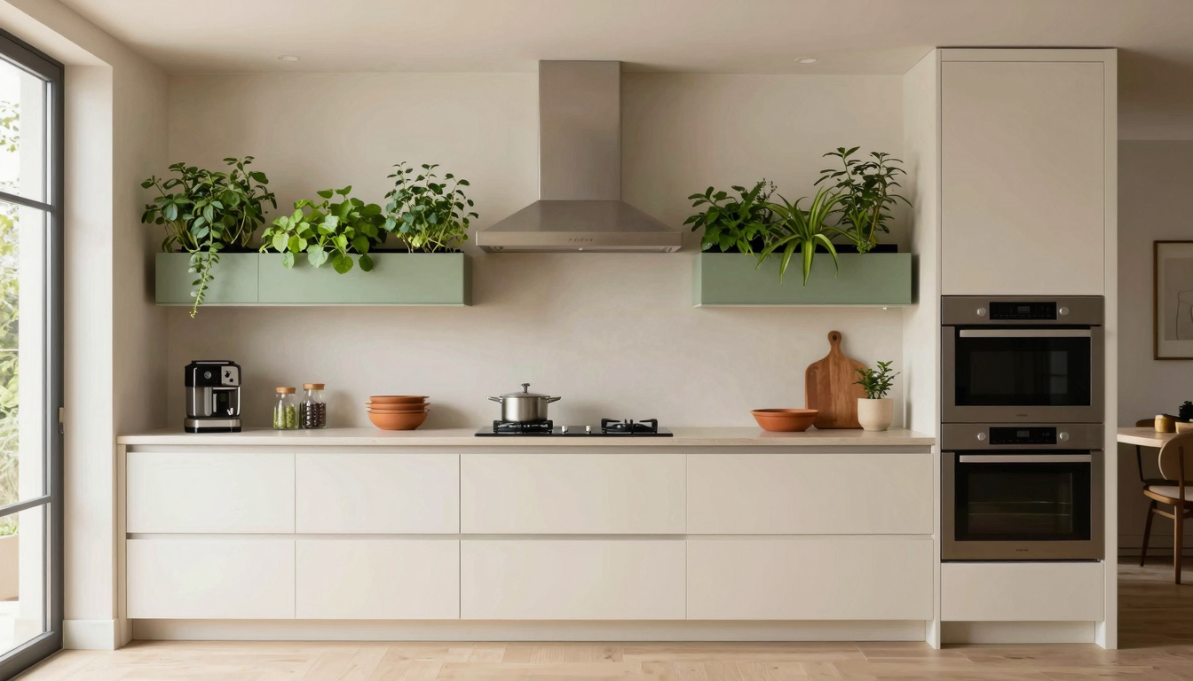 modern editorial kitchen idea: Pull Quote: Vertical Herb Gardens with cream and warm neutrals with sage green and terracotta accents,