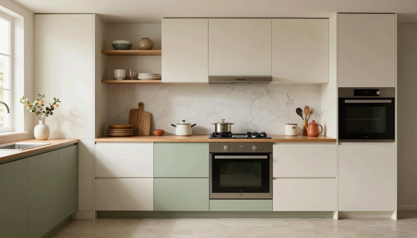 modern editorial kitchen idea: Step-by-Step: Designing a Family-Friendly Kitchen with cream and warm neutrals with sage green and terracotta accents,