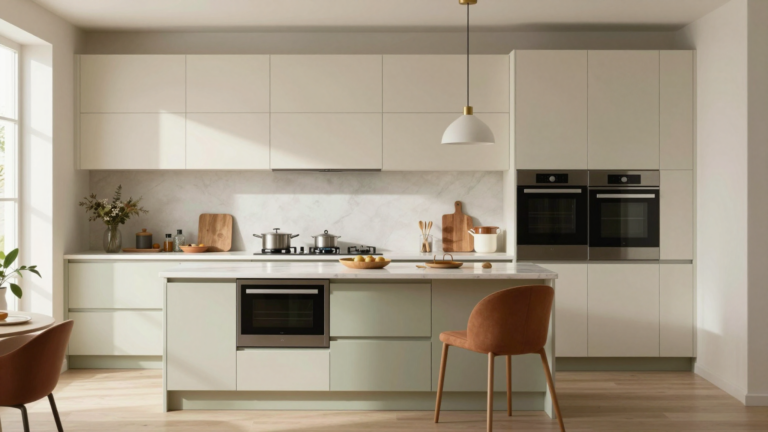 modern editorial home decor magazine cover kitchen featuring modern kitchen decor ideas editorial composition, cream and warm neutrals with sage