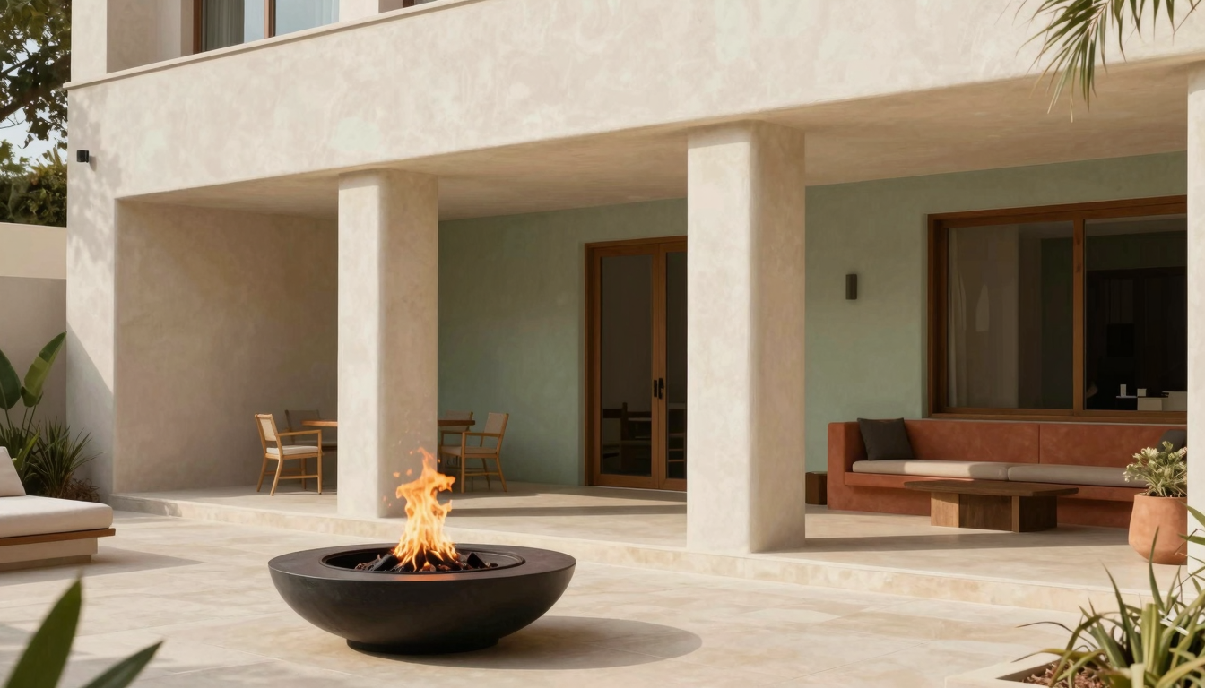 modern editorial outdoor space idea: Fire Pits with cream and warm neutrals with sage green and terracotta accents, designer-curated outdoor