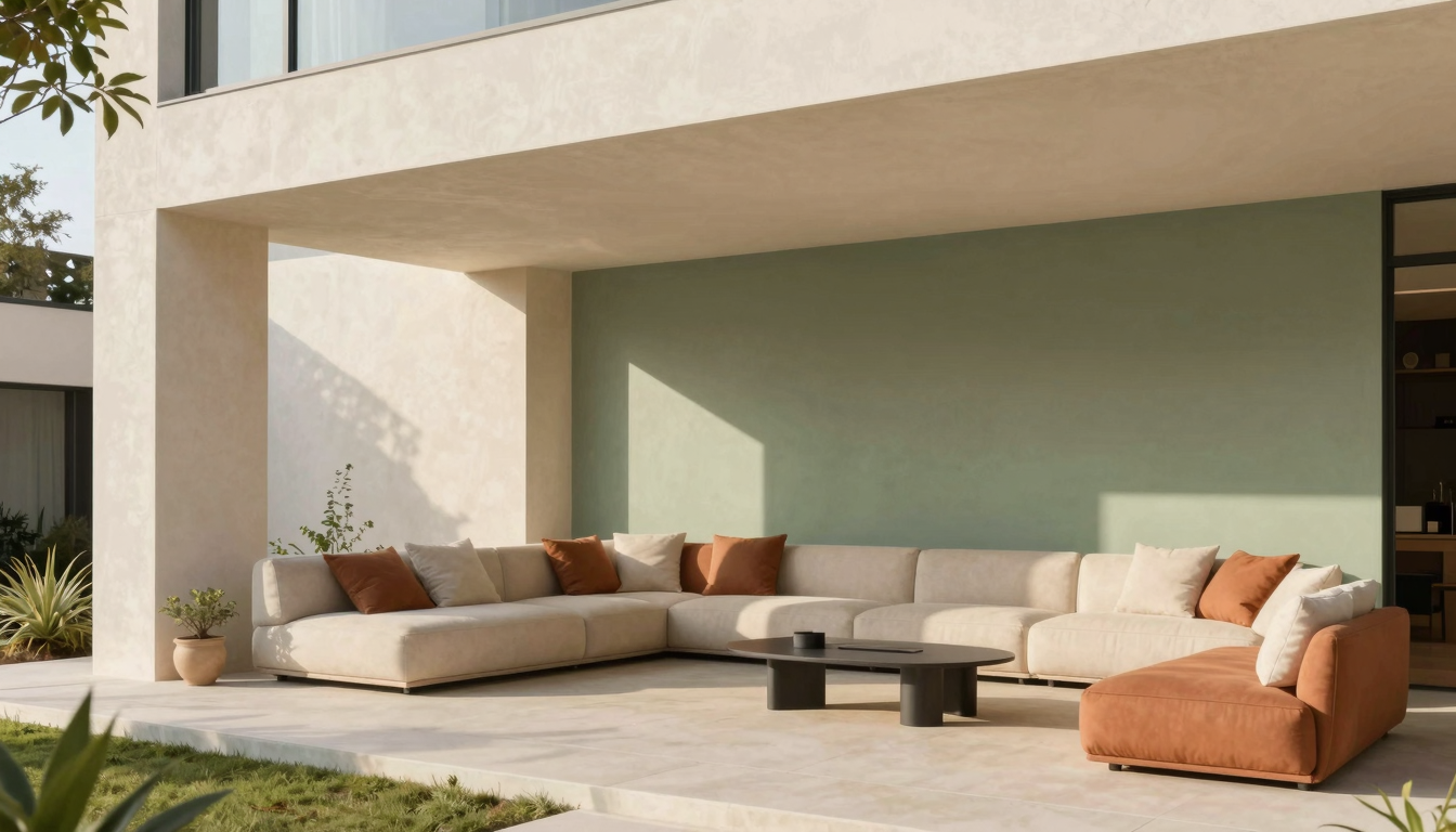 modern editorial outdoor space idea: Living Walls with cream and warm neutrals with sage green and terracotta accents, designer-curated outdoor