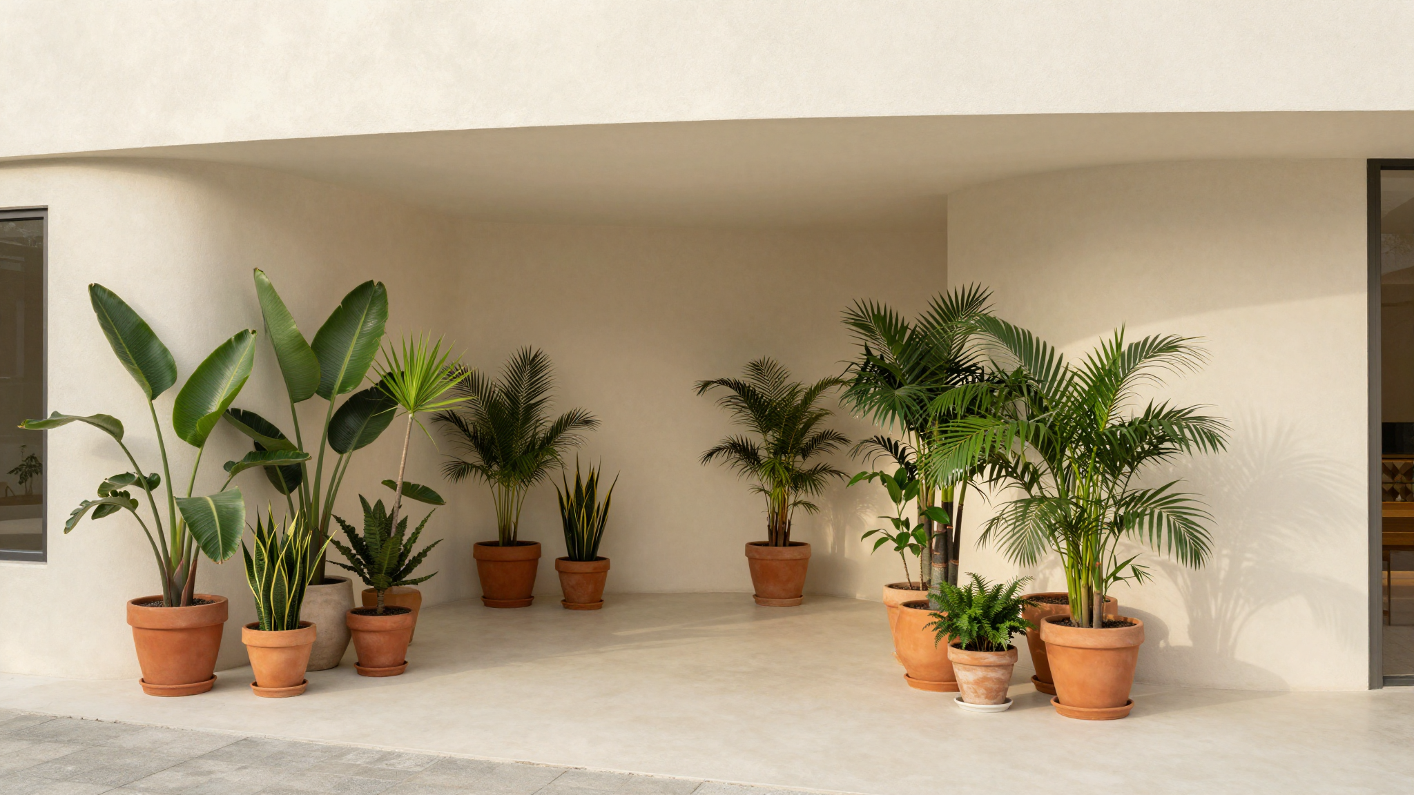modern editorial outdoor space idea: Potted Plant Groupings with cream and warm neutrals with sage green and terracotta accents, designer-curated