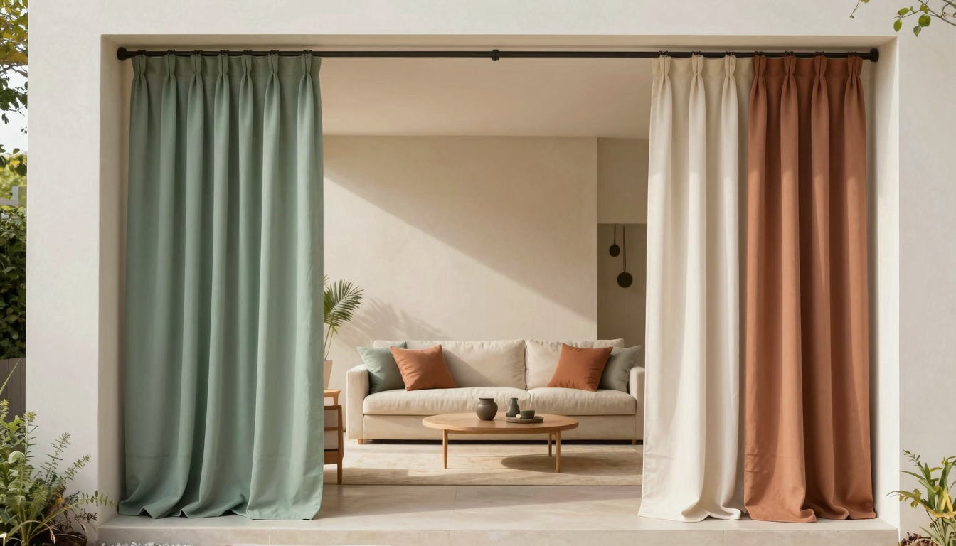 modern editorial outdoor space idea: Step-by-Step: DIY Outdoor Curtains with cream and warm neutrals with sage green and terracotta accents,