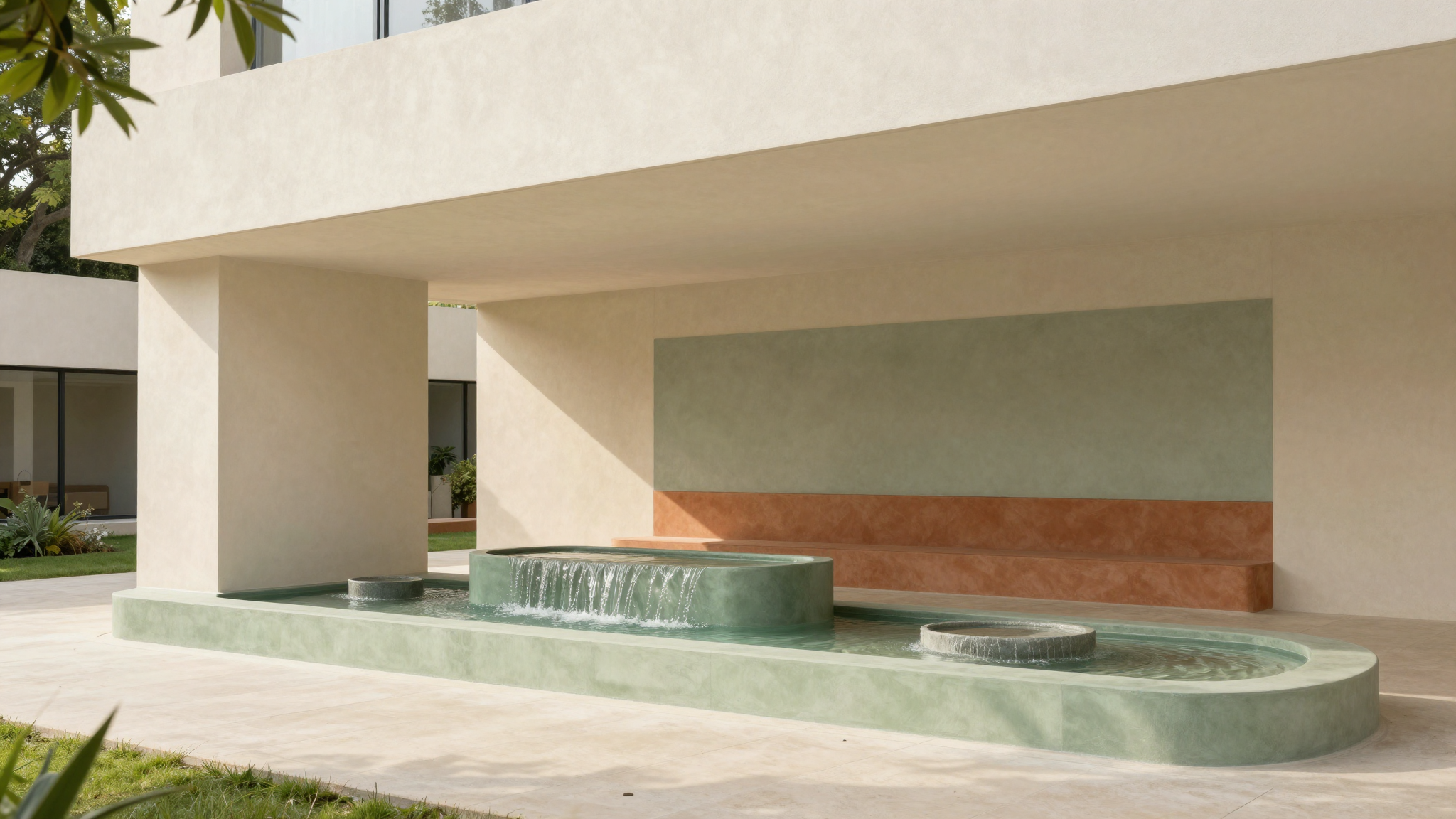 modern editorial outdoor space idea: Water Features with cream and warm neutrals with sage green and terracotta accents, designer-curated outdoor