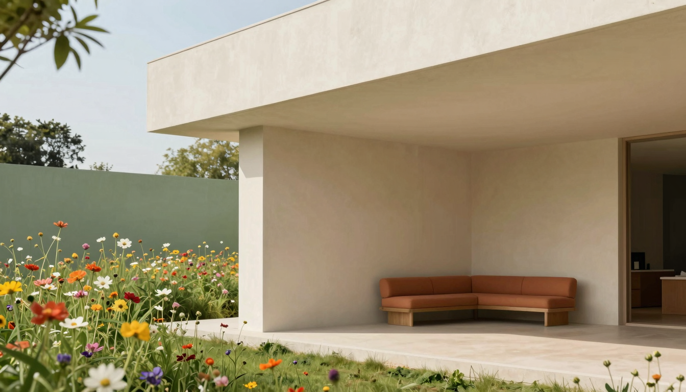 modern editorial outdoor space idea: Wildflower Meadows with cream and warm neutrals with sage green and terracotta accents, designer-curated outdoor